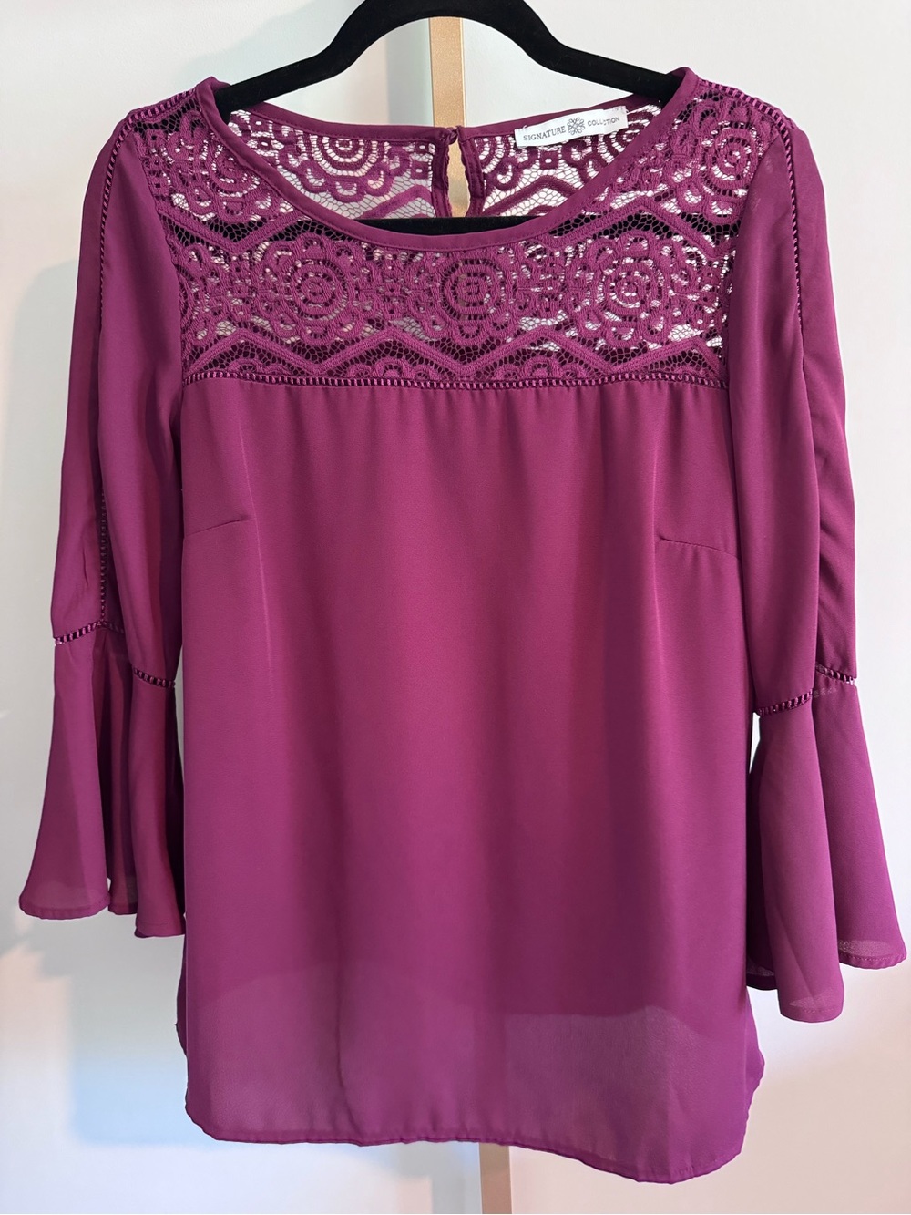 Women's Lace Yoke Bell Sleeve Blouse - Magenta